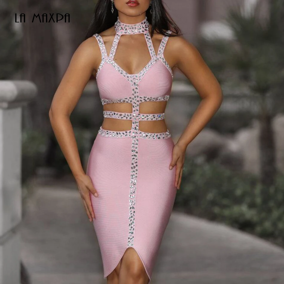 

2019 Latest Fashion Pink Gray Beaded Bandage Dress Sleeveless Sexy Spaghetti Evening Party Bling Solid Elegant Vestidos