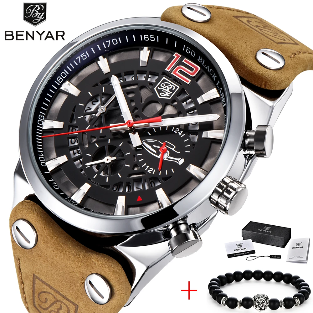 Топ Элитный бренд BENYAR для мужчин Военная Униформа повседневные часы для мужчин s аналоговые часы мужской кожаный повседневное Спорт