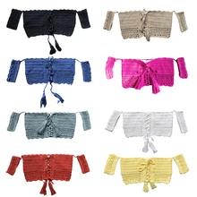 Женский ручной работы короткий топ связанный крючком Топ выдалбливают бикини закрывают сплошной цвет крест шнурок Трикотажные бегемоты Bralette