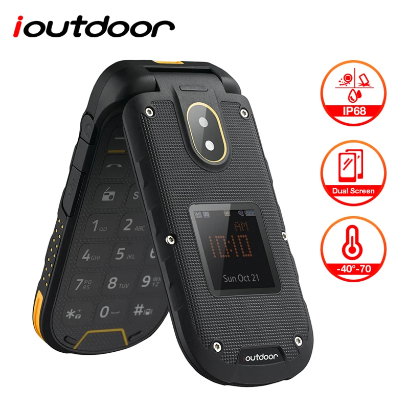 

ioutdoor F2 Rugged Slim Flip Phone IP68 Waterproof Feature Dual Sim 2.4" Display with Desktop Charger Bluetooth SOS Mobile Phone