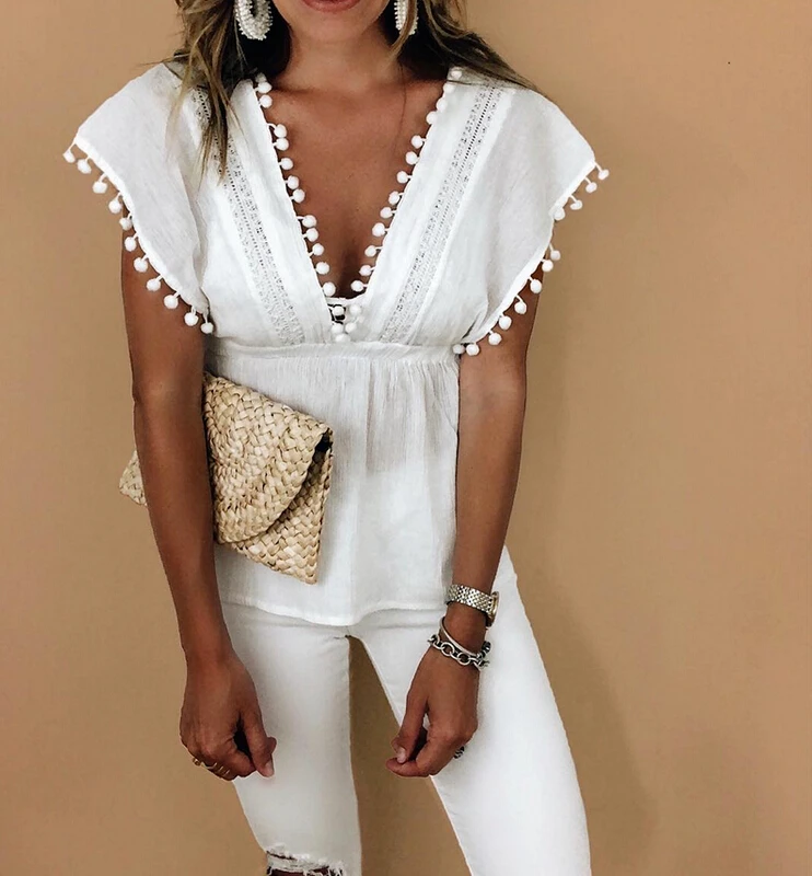 Women Hollow Sleeveless Shirt White Lace Tassels T Shirt V Neck Loose