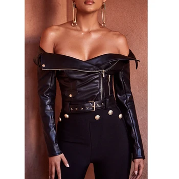 

2019 Good Quality Sexy Black Elegant Long sleeve coat PU Leather Zipper Backless Chic Celebrity Casual Female Vestidos Fessta