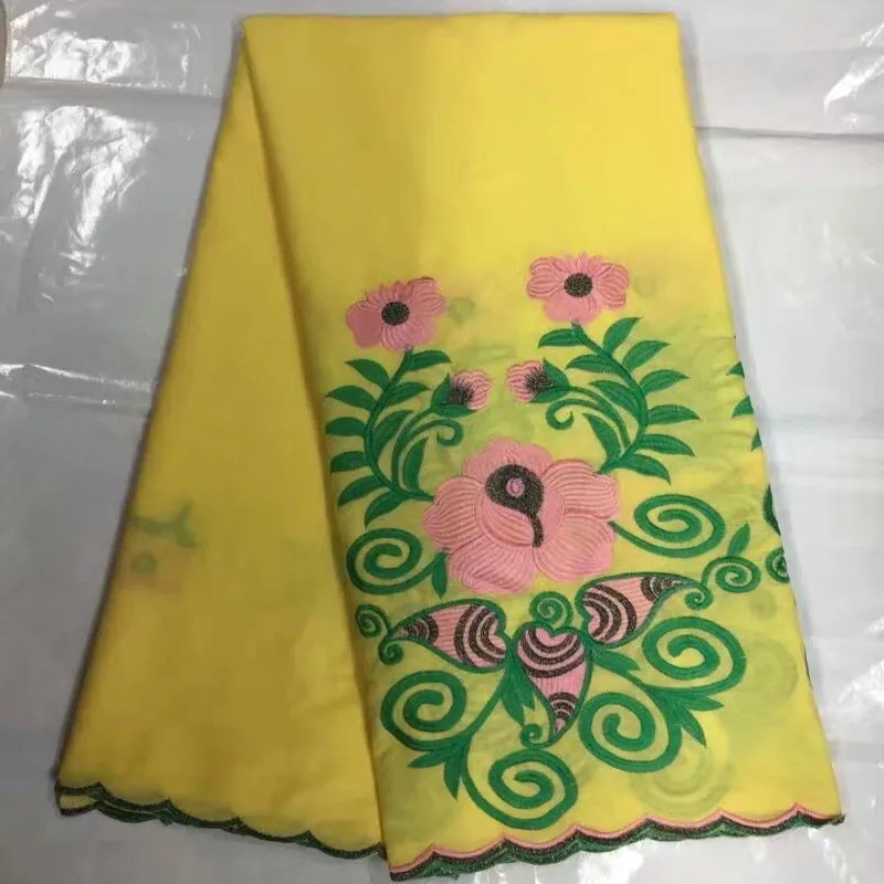 

B8S0 Embroidered pink and green flowers lemon yellow African Lace For Dress,Free shipping Switzerland 100% Cotton Lace Fabric