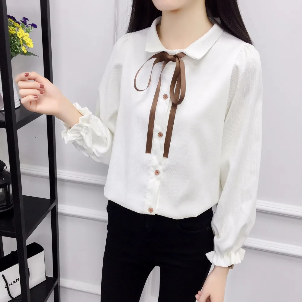 Autumn Long Sleeve Women Shirt Preppy Style Bow Woman Shirt Corduroy Plus Thick Solid Color Women Blouses Turn-Down Collar Top (8)