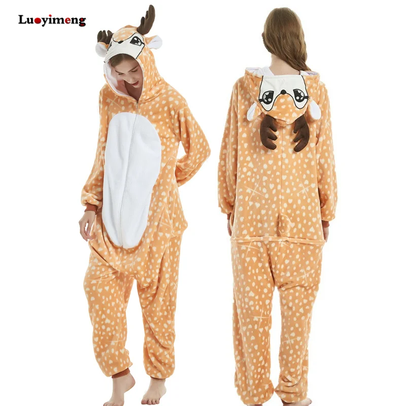 Winter Adults Unicorn Onesie Kigurumi Animal Panda Pajamas Flannel Hooded Anime Stich Licorne Pyjamas Women Men Sleepers Blanket - Цвет: Deer