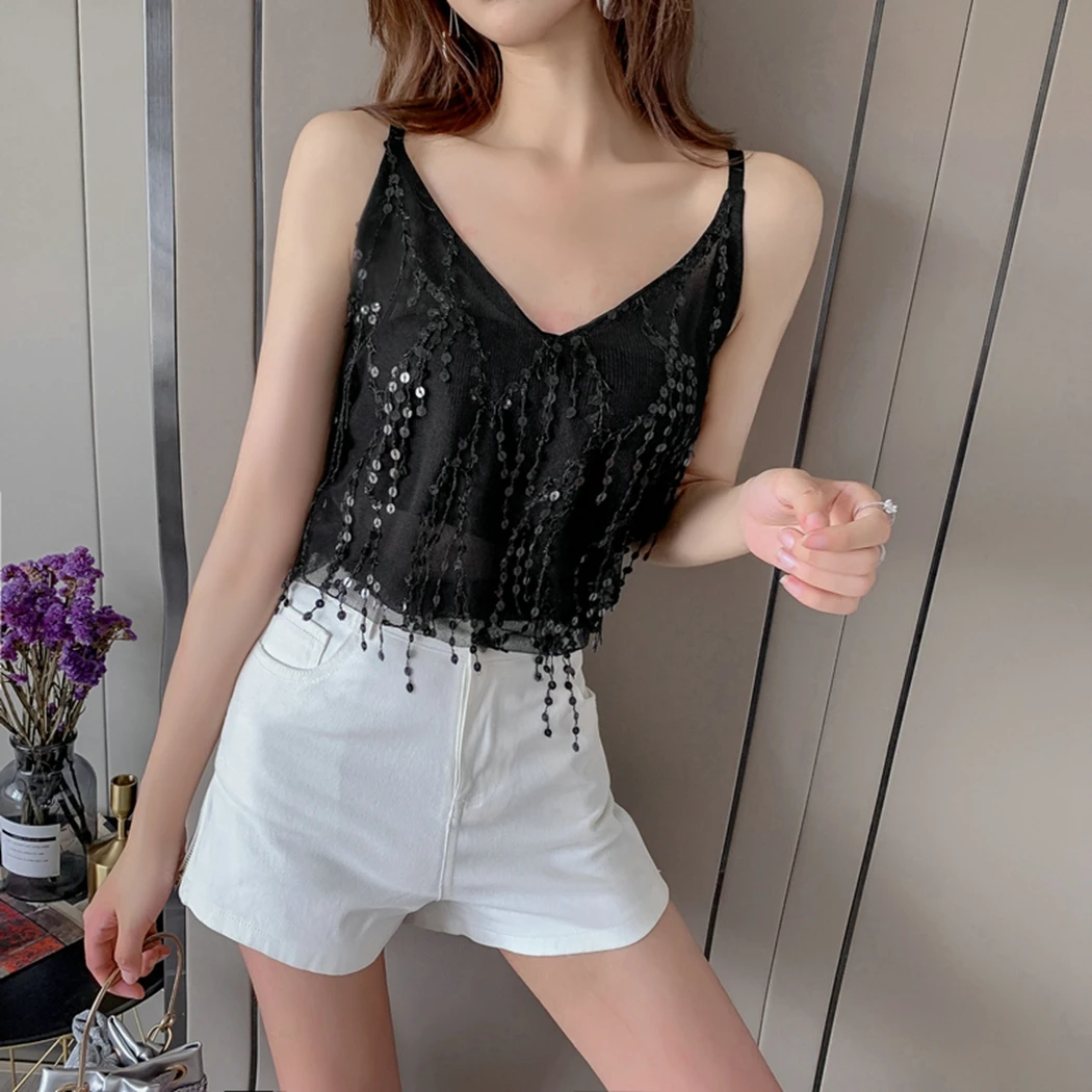 

Sexy Sleeveless Strap Tank Tops Women New Sequined Tassel Vest Camis Summer See Through Tee Shirt Top Camisole Streetwear