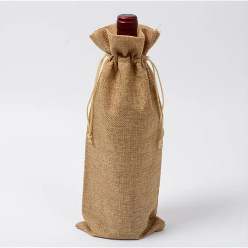10 pcs 15cmx35cm Jute Wine Bottle Bag Burlap Hessian Gift Bags Packing Drawstring Bag Wine Bottle Covers