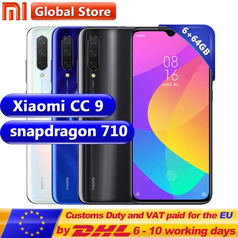  Xiaomi CC9 6 GB 64 GB мобильный телефон cc9 Snapdragon 710 Восьмиядерный 6,39 "48MP Тройная камера с дисплеем отпечатков пальцев 