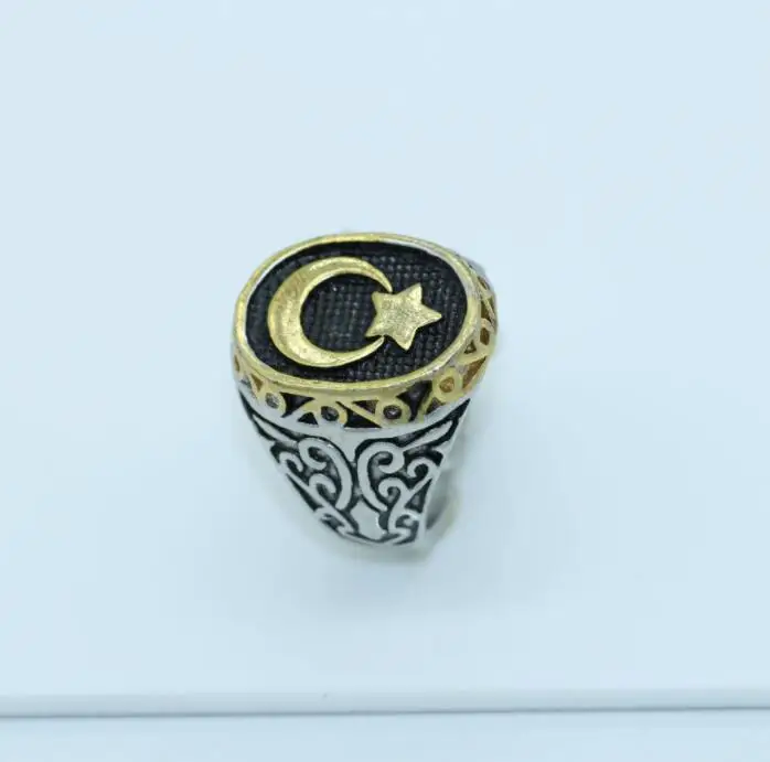 

Middle East Moon and Star Printed Muslim Islamic God Allah Quran Arab Ring Stainless Steel Women Men Religious Jewelry Ramadan G