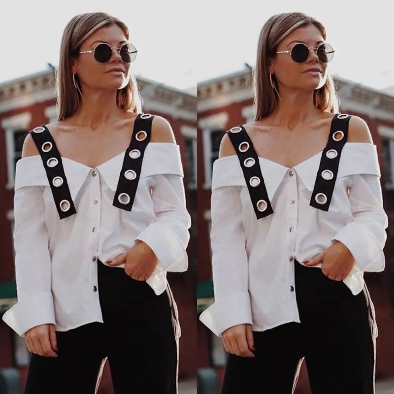 2019 أحدث أزياء المرأة الصيف الأبيض طويل كم Strappy و الباردة الكتف قميص فضفاض عارضة بلوزة قمم