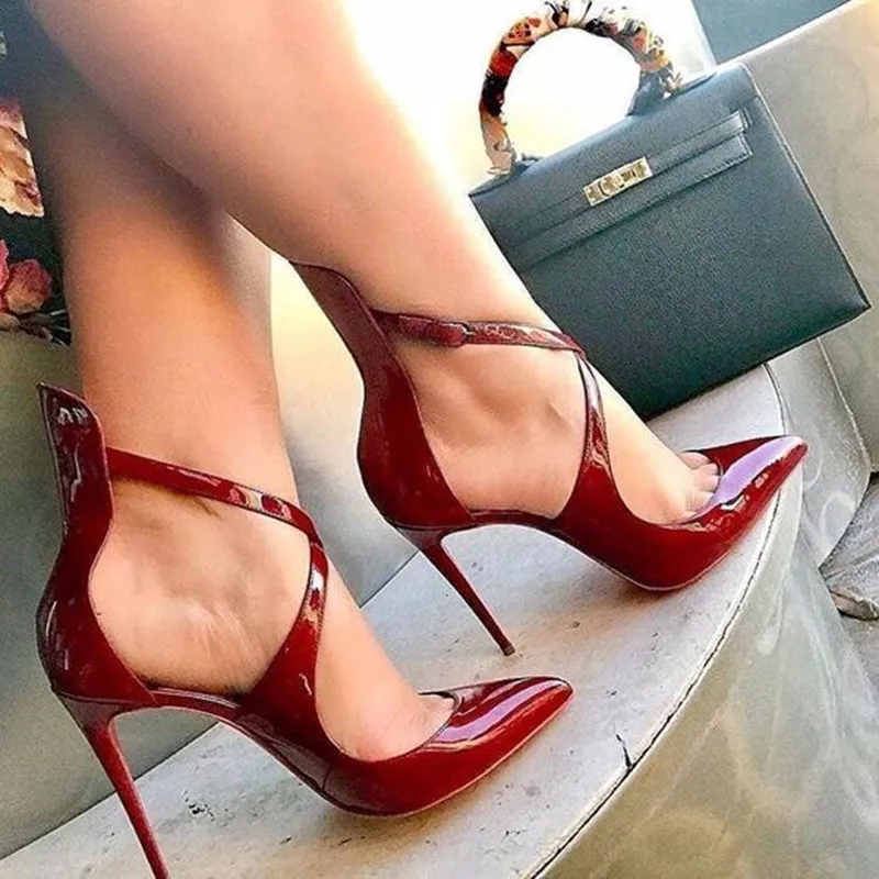 

Cross tied red black High Heels Patent Leather Sandalia Feminina Designer Summer Luxury Gladiator Sandals Women Runway Shoes