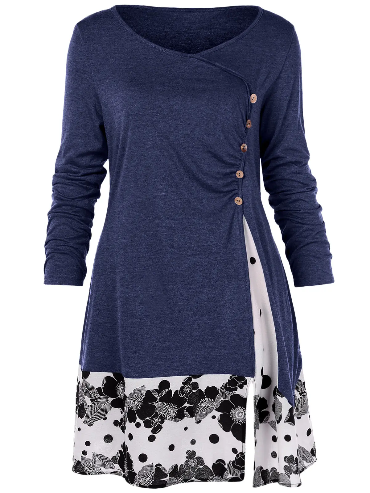 Драпированная длинная туника размера плюс 5XL с цветочным рисунком, рубашки с длинным рукавом и круглым вырезом, украшенные пуговицами, женская блузка, весенние повседневные топы, футболки - Цвет: Deep Blue