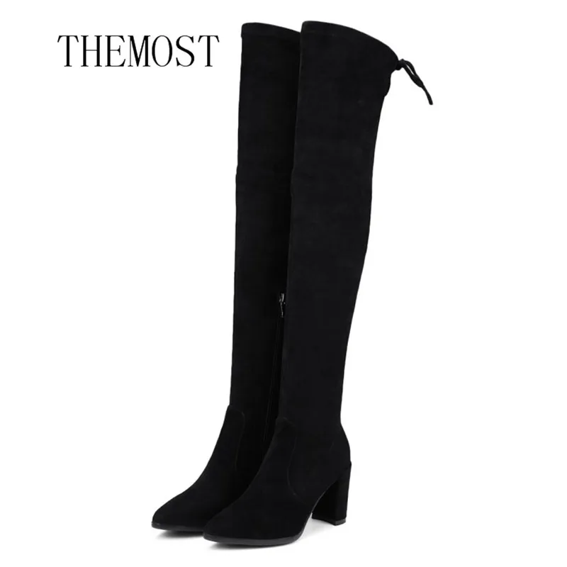 

THEMOST 2018 Europe American Women's Shoe Fashion Flock Shoe Plus Size 33-48 Shoes Thigh High Boots Botas Mujer Femininas