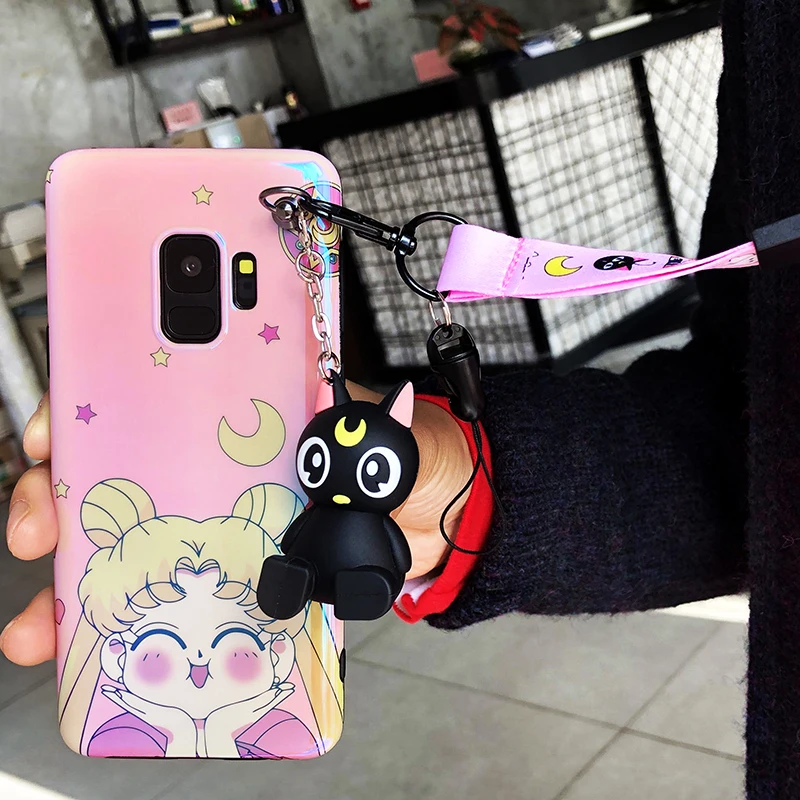 Чехол Sam S10 plus Sailor moon, розовый милый мягкий чехол для телефона samsung Galaxy S9 S8 S7 edge note8 note9+ плечевые ремни