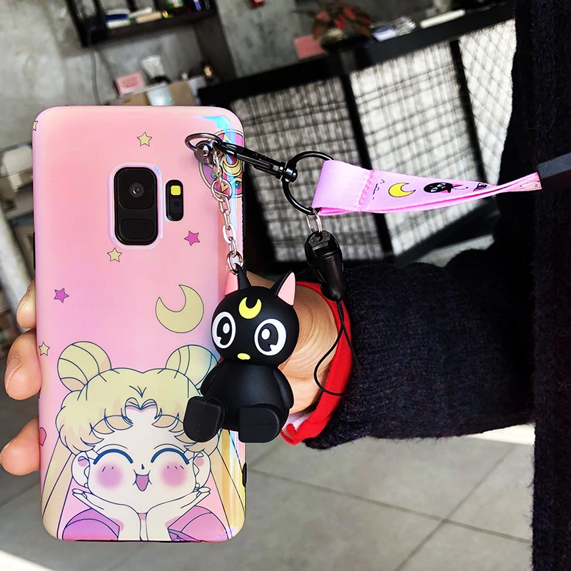 Милый чехол-накладка для samsung S9 S10 plus Sailor moon для samsung S8 S8plus note8 note9 S7edge, мягкая задняя крышка+ игрушка luna cat+ ремешок