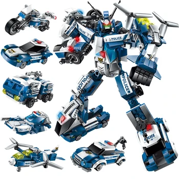 

577pcs 6 in 1 toys Police War Generals Robot Car Plane Moto Boat Toy Building Blocks Bricks Educational Toys for Children