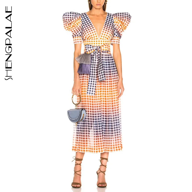 

SHENGPALAE Sexy V Neck Plaid Dresses High Waist Puff Short Sleeve Hit Color Long Dress Women 2019 Spring Casual Fashion FN463
