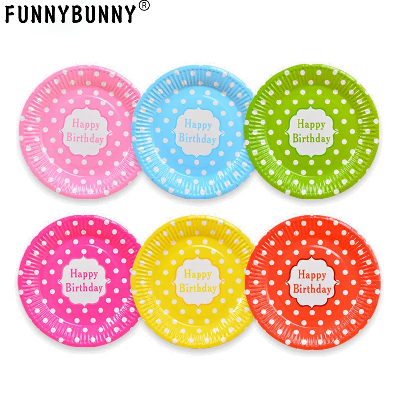 Disposable 7 x 7" Fun Filled Birthday Party "Happy Birthday" Round Dot