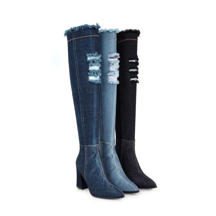ZawsThia/; сезон весна-осень; цвет синий, черный; ботфорты из матовой джинсовой ткани; женские ботфорты с острым носком на высоком каблуке