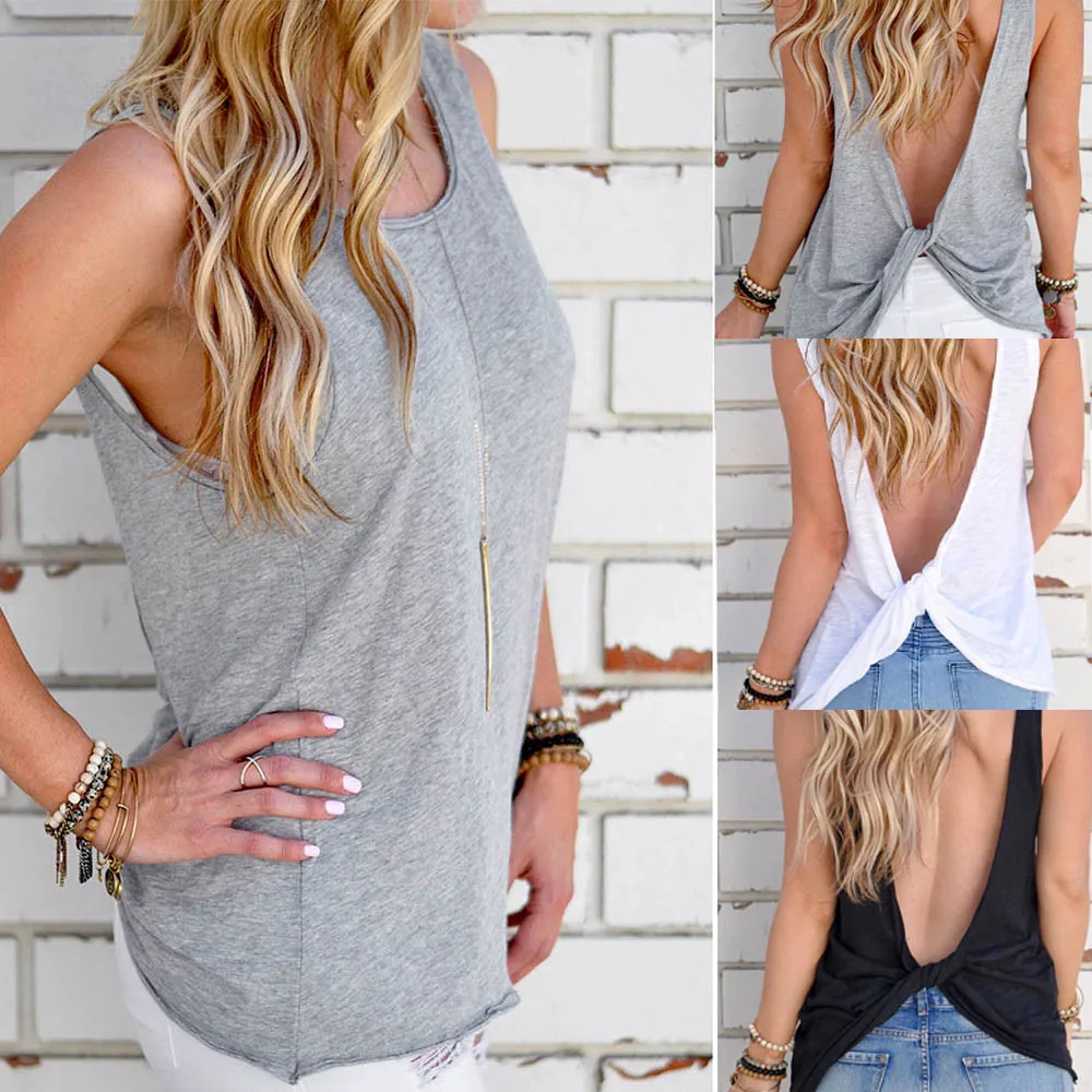 

Women Solid Twist Backless Sexy Sleeveless Blouse Ladies Casual Tank Tops Open Back Sport Solid causal Shirts Tie camisola#20