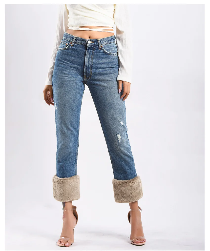 Высокое качество женские джинсовые брюки с высокой талией Хлопок мех снег мыть прямые джинсы женские винтажные свободные джинсы брюки
