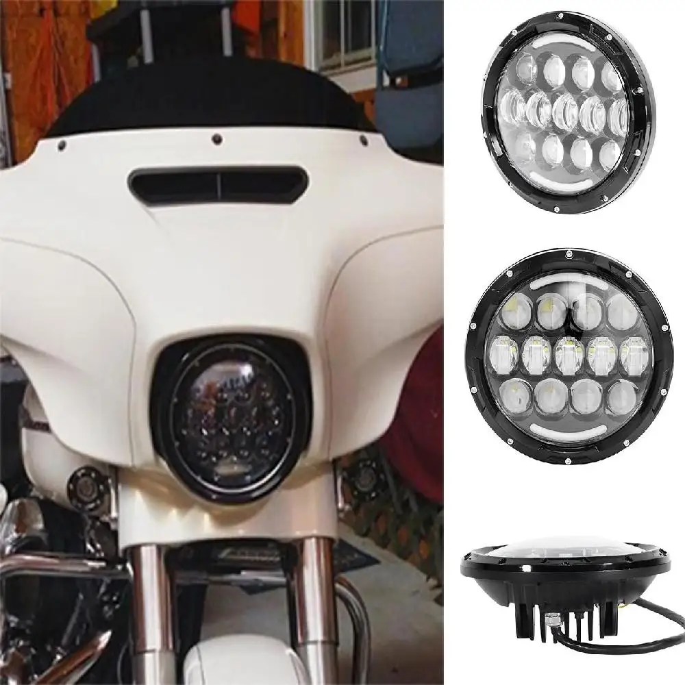 

Partol 7" Car LED Headlight Spider Eyes Style With Half-Moon DRL Hi/Lo Beam 6000K For Harley FLD Trike Touring Softail FLHTCUSE