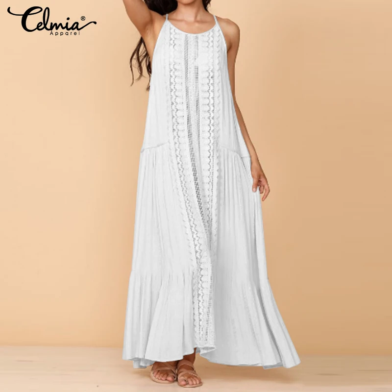 

Women Sexy Straps Maxi Dress Celmia 2019 Summer Beach Lace Stitching Long Shirt Dress Casual Loose Sleeveless Party Vestidos 5XL