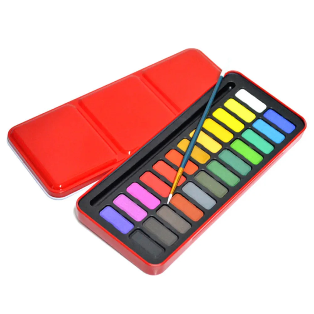 

BLEL Hot 24 Colors Portable Solid Watercolor Set Solid Water Color Paints Set with Paint Brush iron Box for Drawing Painting