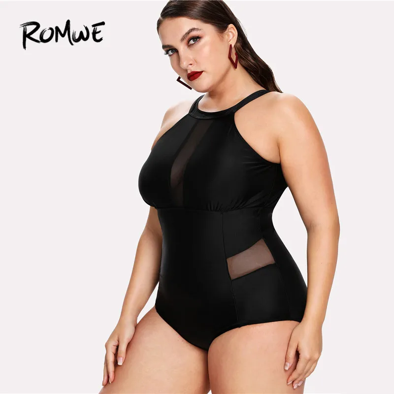 

Romwe Sport Black Polyester Mesh Panel High Neck Summer Swimsuit One-Piece Bikini 2018 Plus Size Swimwear Sexy Women Monokinis