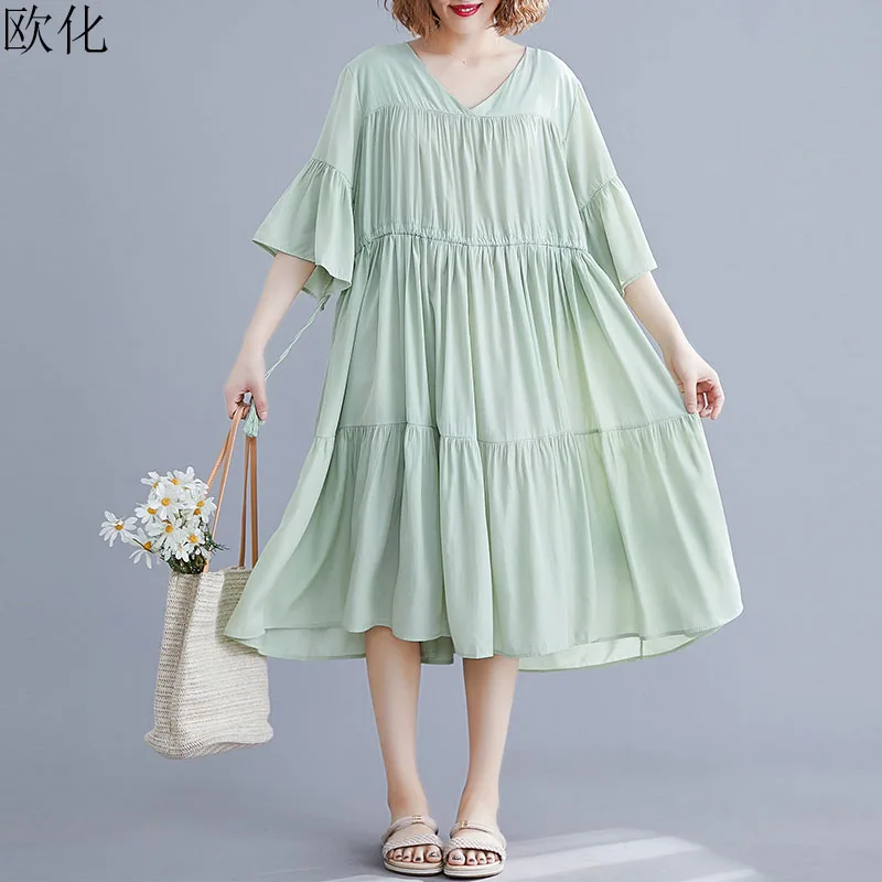 

2019 Summer Korean Cotton Dress Women Ruffle Sleeve Casual Loose V Neck Vintage Midi Dress Robe Femme Big Swing Ruffle Dresses