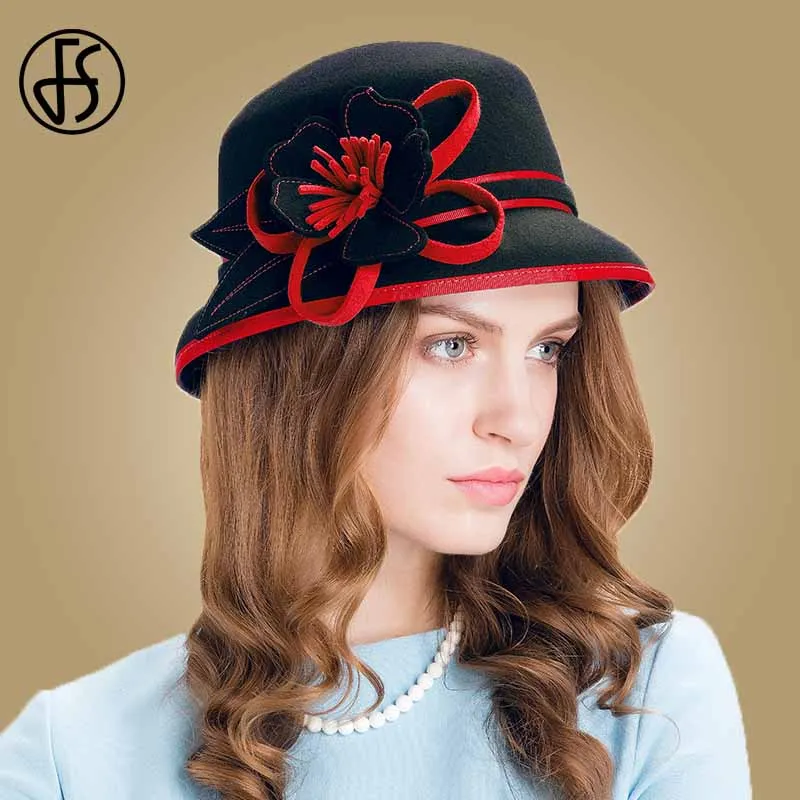 FS Red Fedora Women 100 Wool Hat Winter Flowers Felt Cloche Hats