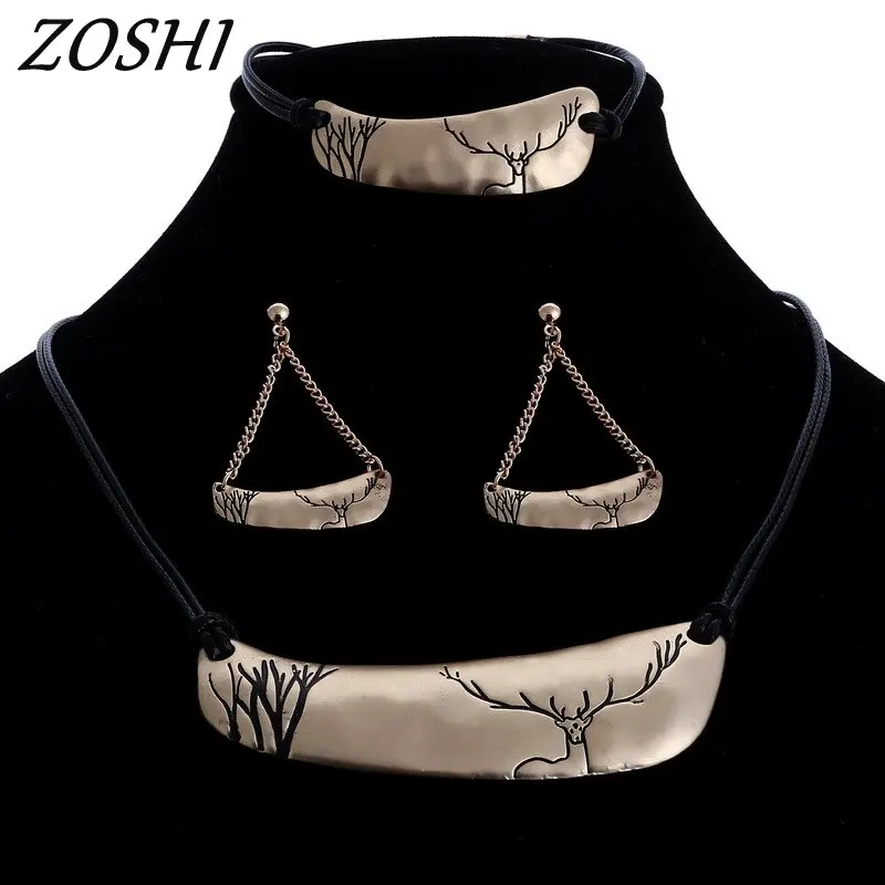 

ZOSHI 3pcs Luxury Wedding Jewelry Sets For Woman Vintage Gold Color Choker Necklace Set Leather Necklace+Bracelet+Earring Set