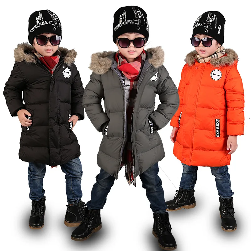 

New Winter Jacket Boys Casual Fur Hooded Thick Down Jacket Boys Warm Cotton Parkas Jacket Baby Boy Long Jacket Coat Kids Clothes