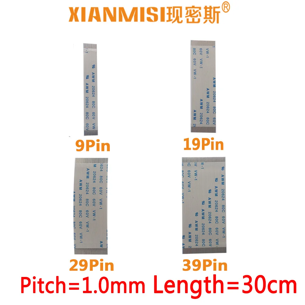 

FFC/FPC Flat Flex Extension Cable 9Pin 19Pin 29Pin 39Pin ame Side 1.0mm Pitch AWM VW-1 20624 20798 80C 60V Length 30cm 5PCS