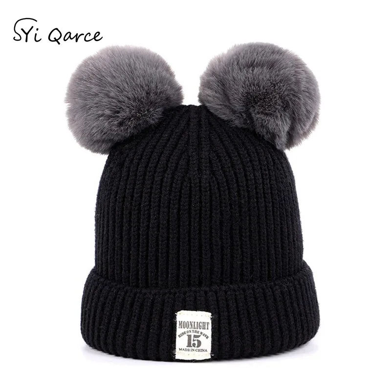 SYi Qarce, популярные детские зимние очень теплые вязаные шапки с помпонами, шапочки с помпонами для мальчиков и девочек 0-3 лет, NM365-69 - Цвет: Black