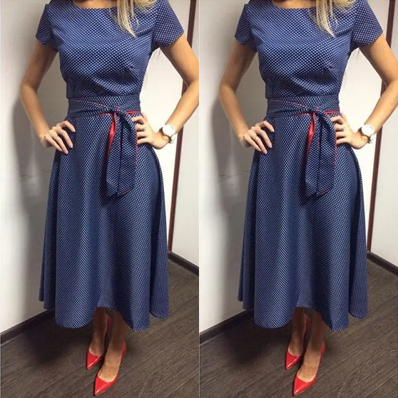 

2018 New Women Ladies Formal Causal Dress Dot Print Bow Belt A-Line Ankle-Length Blue Dress