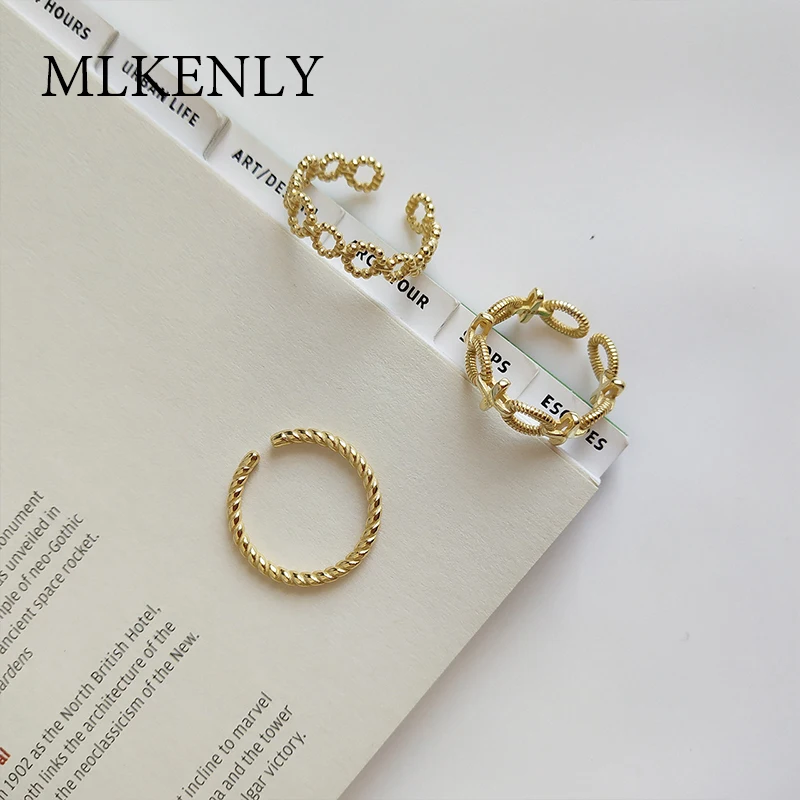 

MLKENLY S925 Sterling Silver Korean Twisted Open Ring Gold Color Finger Ring For Women Statement Adjustable Ring Wholesale