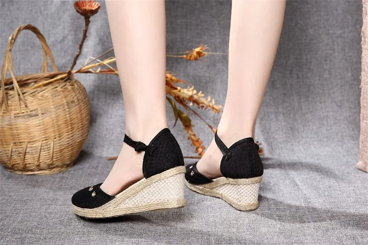 Women Sandals Casual Linen Canvas Wedge Espadrilles Sandals Summer Vintage Embroidered Ankle Strap Med Heel Platform Pump Shoes (3)