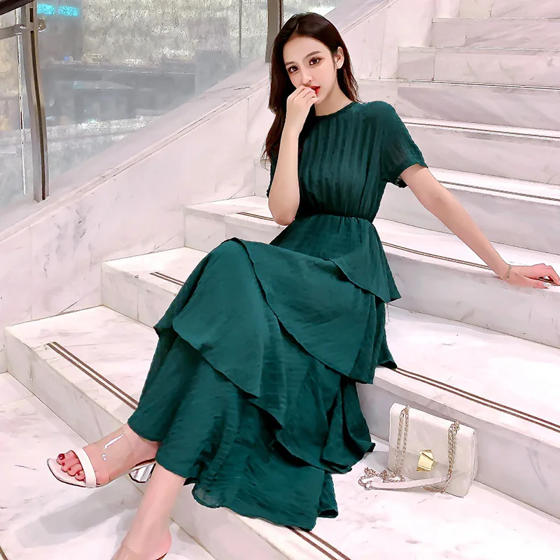 

Fashion Dress Women Chiffon Off Shoulder Ruffles Solid Evening Party Layered Dress High Waist Elegant Long Dress vestidos