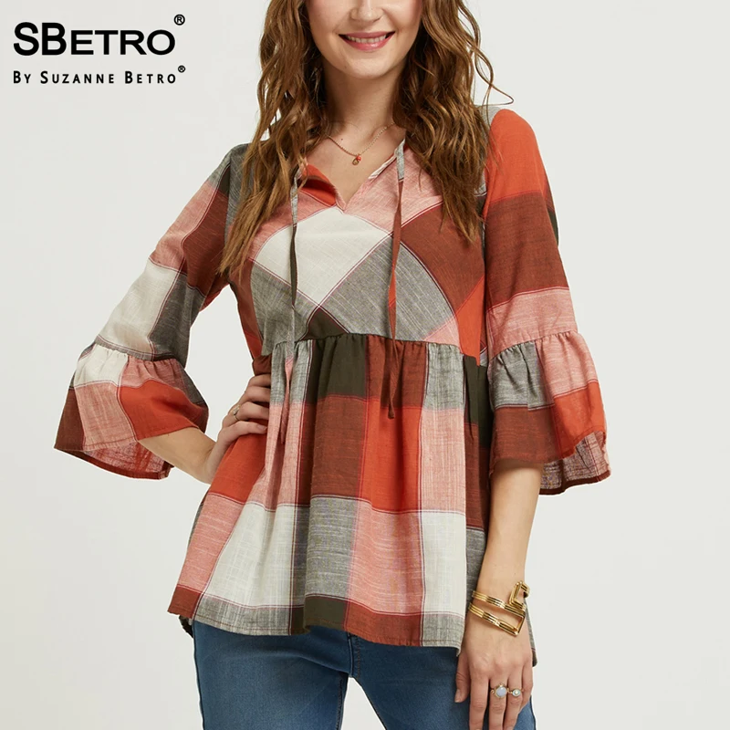 

SBetro Plaid Women Blouses Shirts 3/4 Bell Slv with Ruffle Cuff Notch Tie Neck Babydoll Casual Tunic Top Femme