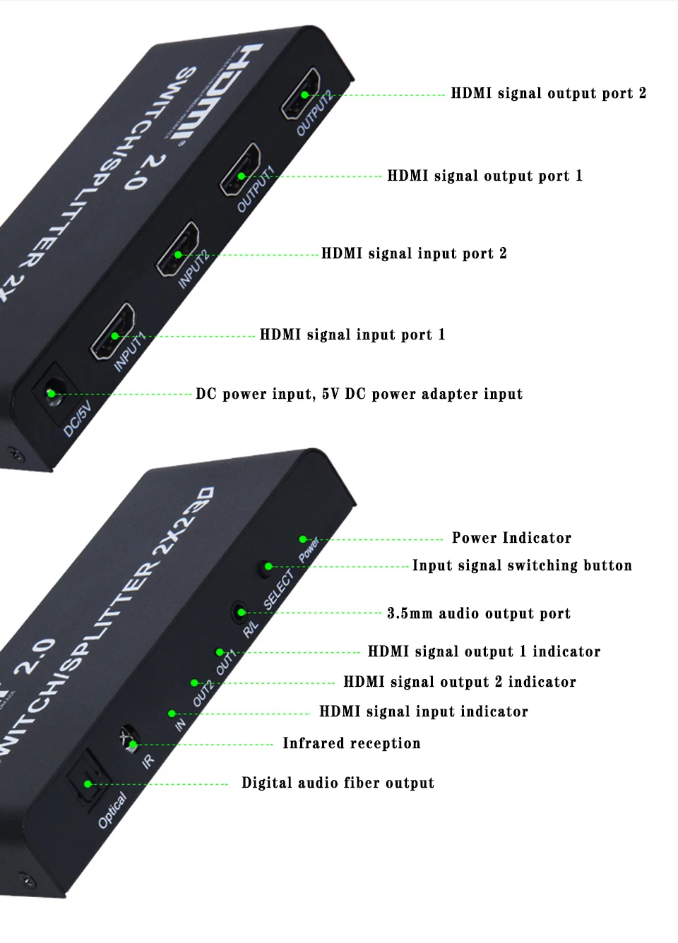 4K 2X2 HDMI 2,0 переключатель/сплиттер Поддержка 4K60Hz RGB/YUV 4:4:4 ИК управление Поддержка для понижения, 3,5 мм разъем аудио экстрактор