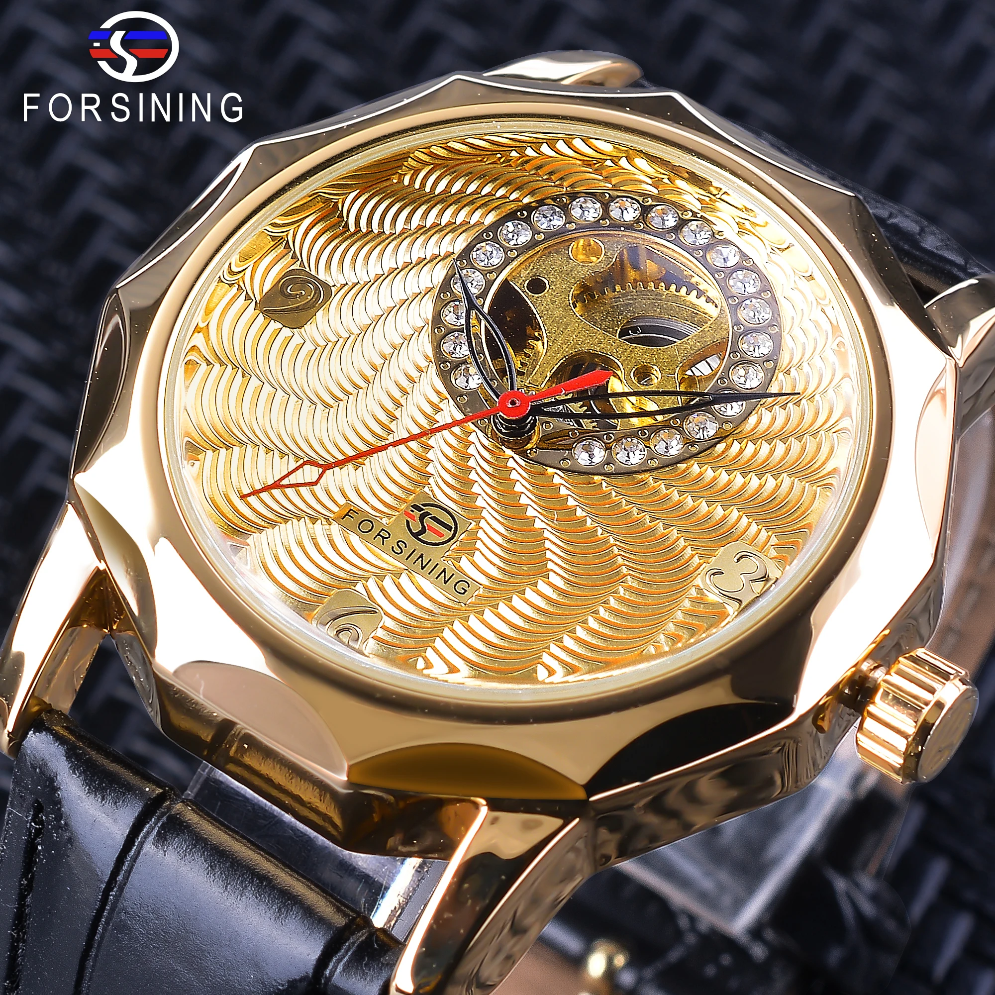 Goede Forsining Mode Diamant Display Unieke Half Skeleton Ontwerp mannen Mechanische Horloges Gold Horloge Zwart Band Neutrale Klok Mannelijke