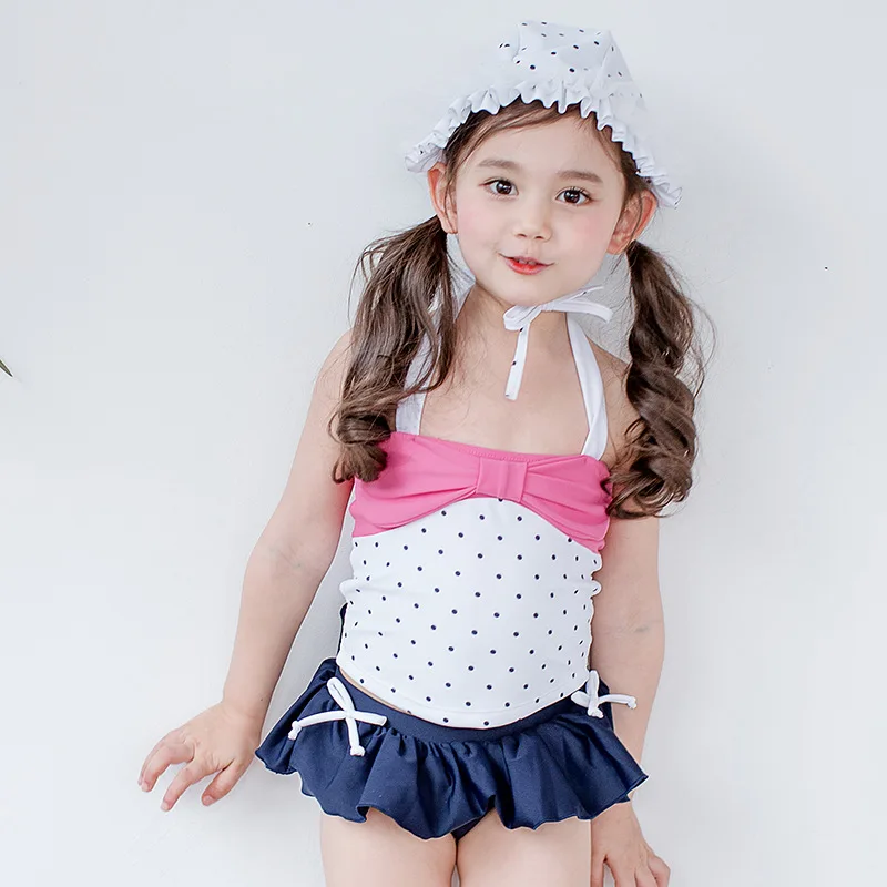 Baby Girls Halter Swimsuits with Cap Children Bow-knot Swimwear Cute Toddlers Kids Hot Springs Bathing Suits Girl Beachwear - Цвет: A