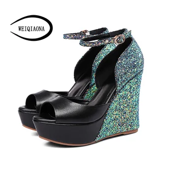 

WEIQIAONA 2018 Brand Design Luxury Bling Women Shoes High Heels Open Toe cover strap Party Shoes Dress Shoes Wedding Shoes