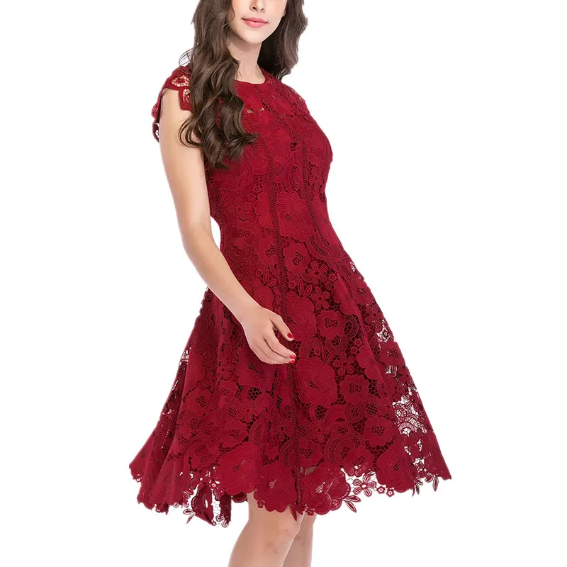 

SMTHMA 2019 New arrival Small fragrant wind Wine red sleeveless Lace Dress Sexy Slim summer Runway dress