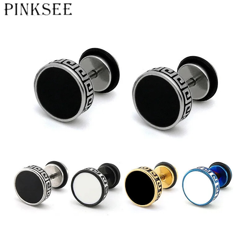 PINKSEE 1pc Oil Drip Stainless Steel Men Stud Earrings Ear Plugs Cheater Fake Expander Ears Stud