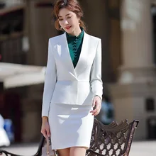 Офисный костюм для женщин, офисная дизайнерская одежда, 2 предмета: элегантный белый приталенный пиджак с длинным рукавом и с оборками и юбка, костюмы для интервью, ow0515