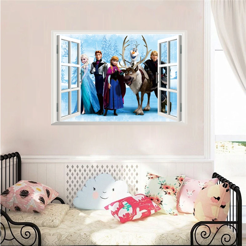 Cartoon Frozen 2 Olaf Sven Kristoff Hans Anna Elsa 3D Window Wall Stickers Home Decoration Anime Movie Mural Art Kids Room Decal