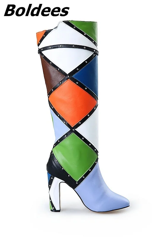 Bloque Hebilla Talón Rodilla Decoración Color Mujeres Chunky Diseñador Moda De Remaches Emparejado Tacones Botas Motocicleta wIfFTaqBx