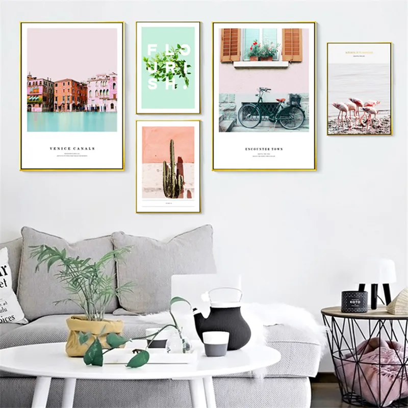 

Cactus Scenery Wall Art Canvas Painting Nordic Poster Flamingo Wall Pictures For Living Room Plants Art Print Posters Unframed